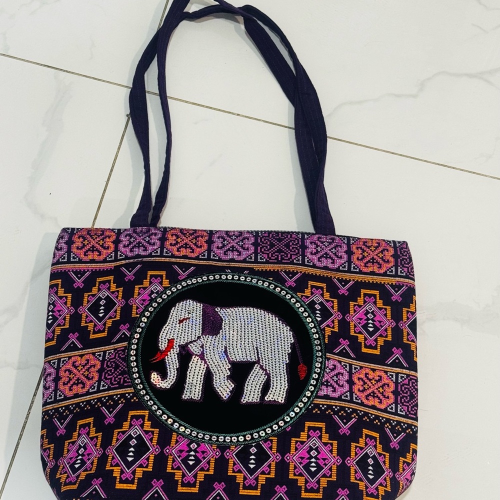 Vibrant Purple Elephant Embroidered Shoulder Bag